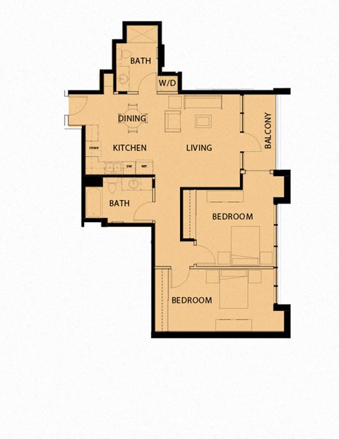 Floor plan for 2 beds, 2 baths, 959 sqft